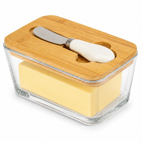 Bamboo lid glass butter - glass, keeper