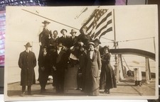 FOLKS on a SHIP, SAN FRANCISCO, Photo Post Card 1915 FLEET? Flag, Ladies & Men