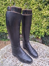 Antique Pair Black Leather Horse Riding Boots & Wooden Trees Size 9 Shop Display
