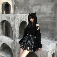 Kawaii Clothing Gothic Punk Cat Hoodie Black Sweatshirt Up Harajuku Ulzzang Lace