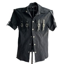 Lip Service Pinstripe Snap Shirt Gothic Punk Y2K Fetish Cyber Buckle Medium