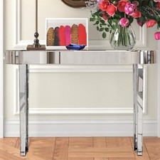 Elegant Glass Entryway Silver Console Table w/ Sturdy Square Mirrored Glass Legs