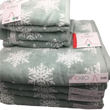 8pc Caro Home White Snowflake Light Green Towel Set Bath Hand Finger Tip Holiday