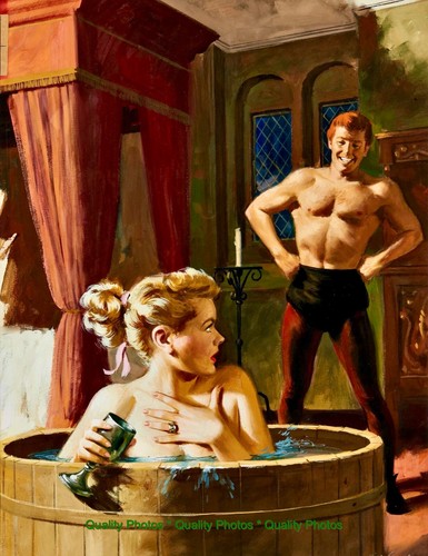 Woman wood tub startled - in,