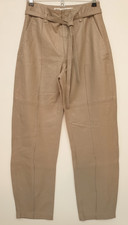 ZARA STUDIO Size XS REAL LEATHER Trousers Grey Taupe Tan Beige Wide Barrel Leg 6
