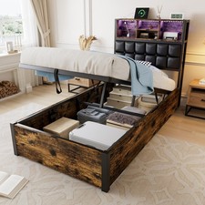 Single Bed 3ft Ottoman Lift Up Storage Bed Frame with Storage Headboard & LED