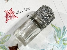 Antique Miniature Clear Glass & Silver Perfume Scent Bottle Repousse Flowers