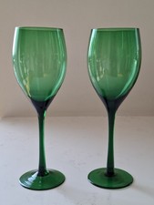 Pair Green Glass Wine Glasses Emerald Handblown Long Stem Vintage Retro 8.75"