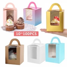 1-100X Large Coloured Single Cupcake Boxes with Window Handle Pastel Muffin Xmas