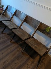 Vtg Antique Oak Folding Cinema Theatre Church Seats Bench 4 Seater reclaimed ind