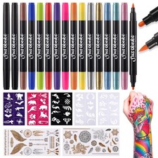 Temporary Tattoo Markers for Skin,15PCS Dual-Ended Tattoo Pen + 50 Paint Stencil
