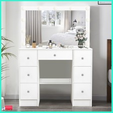 Large White Dressing Desk Makeup Vanity Table with 7 Drawers Light Vanity Mirror
