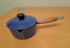 Vintage Le Creuset #14 Cast Iron Sauce Pan Blue with Lid, Wood Handle
