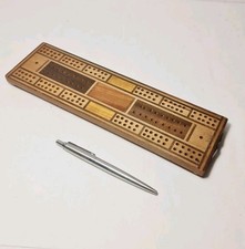 Vintage Slim Inlaid Wooden Cribbage Board with Bun Feet ~ 10.9"