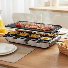 8-Person Electric Raclette Grill & Smokeless BBQ with 8 Mini Pans 8 Spatulas
