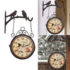 Outdoor Garden Train Station Wall Clock Double Sided with Bracket Metal Round UK