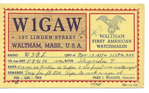 Qsl 1937 waltham radio - waltham,
