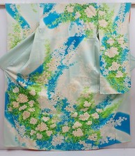 5914T12z1050 Vintage Japanese Kimono Silk FURISODE Flower Light blue
