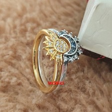 NEW 100% Authentic 925 Sterling Silver Celestial Sparkling Sun and Moon Ring Set