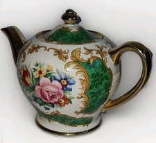 Rare Vintage Green Gilt Sadler Pink Cabbage Rose Teapot
