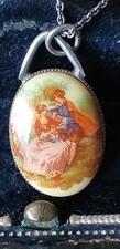 Antique Vintage Late Edwardian Sterling Silver  Hand Painted Pendant on Chain.
