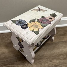 Vintage Foot Step Stool Rest Wood Hand-painted Floral Dragonfly Design Deco