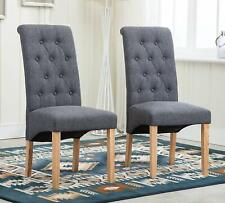 Dining Chairs With BUTTONS Grey Fabric  Set of 2  Roll Top Scroll  Wooden   Legs