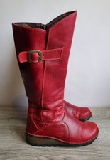 Fly London Mol 2 Red Leather Low Wedge Heel Boots Size EU 36 Uk 3