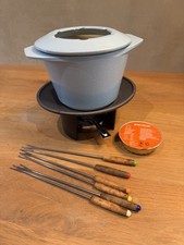 LE CREUSET Vintage Cobalt Blue Cast Iron Fondue Set Burner Stand Pot Enamel VGC