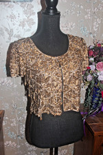 VINTAGE TOPSHOP GOLD SHRUG SEQUINS BEADS BOLERO JACKET 20’s FLAPPER UK 12 40 8