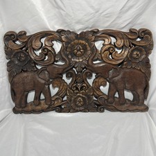 Vintage Hand Carved Wooden Elephant Wall Plaque Floral Design 49x30cm 3cm Thick