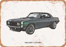 Classic Car Art - 1969 Chevy Camaro Pencil Sketch - Rusty Look Metal Sign