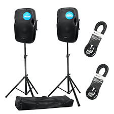2 x Kam RZ12A V3 12" Active PA Speakers with Stands & Cables
