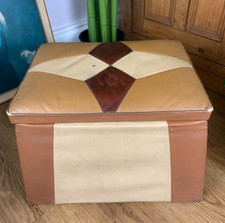 MID CENTURY VINTAGE TAN BROWN VINYL RETRO STORAGE FOOTSTOOL POUFFE OTTOMAN