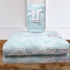4pc CARO Home (2) Bath & (2) Hand Towels Light Blue Starfish Reversible Coastal