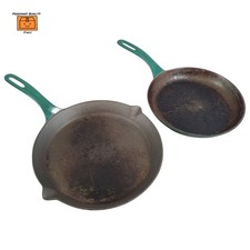 2 x Aga Cast Iron Green Ceramic Coated Frying Pans Skillets 9" & 10" (Used)