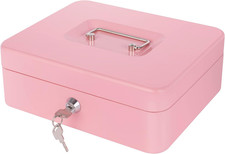 Pink Cash Box with Money Tray and Lock, Metal Money Box for Cash, Lock Box for M