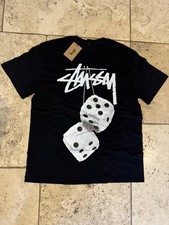 Stüssy black cotton T-shirt with white dice design  Size - Medium