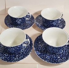 Vintage Staffordshire Blue Calico Chintz Burleigh Set 4 Cups & Saucers