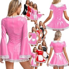 Women's French Maid Outfit Costume PVC Leather Wet Look Bodycon Tutu Dress 