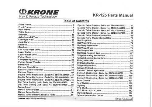 Krone round baler kr125 - kr125, parts