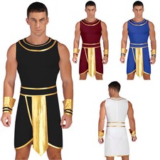 Mens Roman Toga Costume Ancient Greek God Gladiator Tunic Cuffs Set Fancy Dress