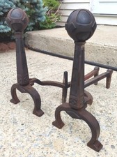 Art Deco Mission Arts & Crafts Cast Iron Cannonball Fireplace Andirons Set Of 2