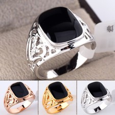 R074 Enamel Black Onyx Mens Ring Boys Signet Pattern Band Sizes N - Z