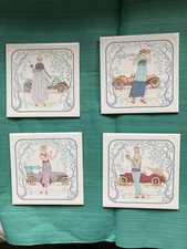 Vintage Art Deco/ Nouveau 4 Tiles 6"x6"  1920's Ladies & Cars Pilkington's