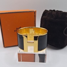Hermes Clic Clac H Bracelet Gold Plated Black Enamel Wide Bangle