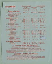 Humber Sceptre Hawk Super Snipe Imperial Price List 1965 Sept