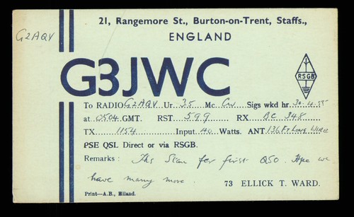 Qsl card radio g3jwc ellick - card,