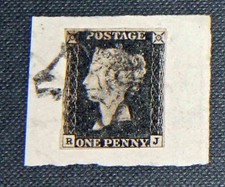 GB QV 1840 1d penny black plate 4. Black maltese cross on a piece RJ