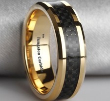 New Boxed Gold Tone Mens Black Carbon Inlay Tungsten Wedding Ring - Post From UK